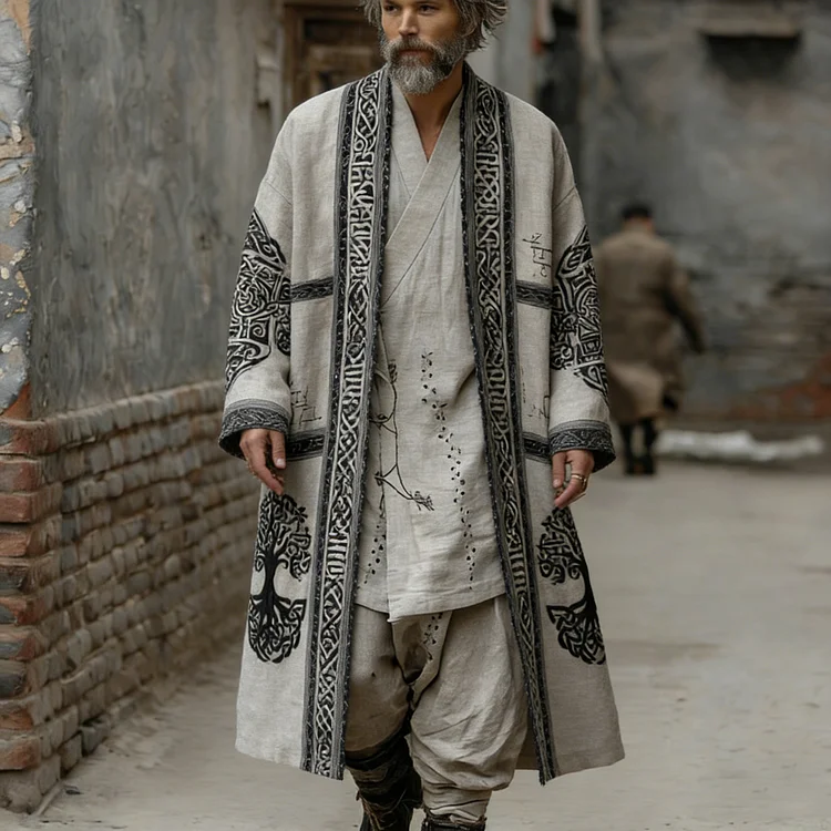 Men's Retro Viking Tree Of Life Print Casual Blended Long Cardigan