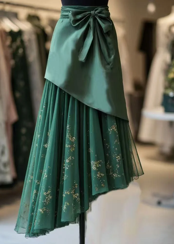 Fine Green Lace Up Chiffon Patchwork Skirts Spring