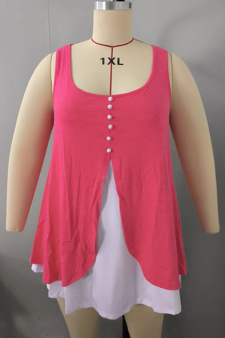 Plus Size Faux Two Pieces Decorative Button Tank Top  Flycurvy [product_label]