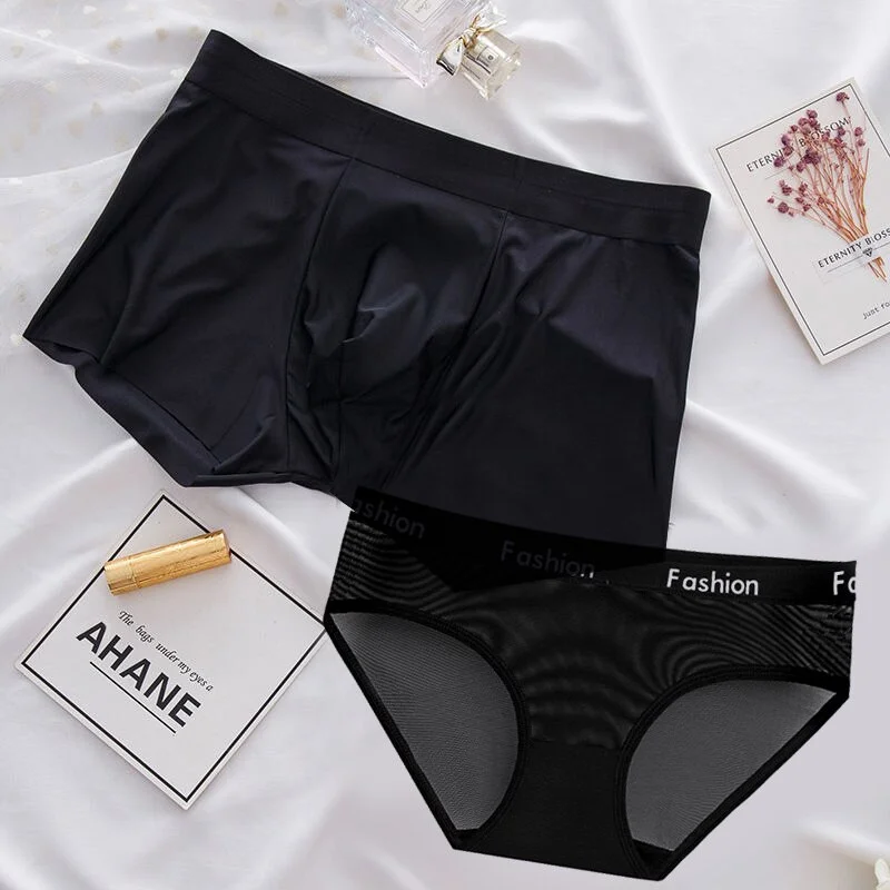 Billionm Black Sexy Couple Underwear Set Ice Silk Men's Breather Boxers Shorts Women Lace Transparent Panties for Lover's UnderPants