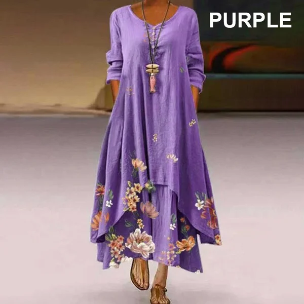 Women Casual Floral Print Long Sleeve Round Neck Double Layer Maxi Dresses Floral Casual Ethnic Style Loose Long Dress