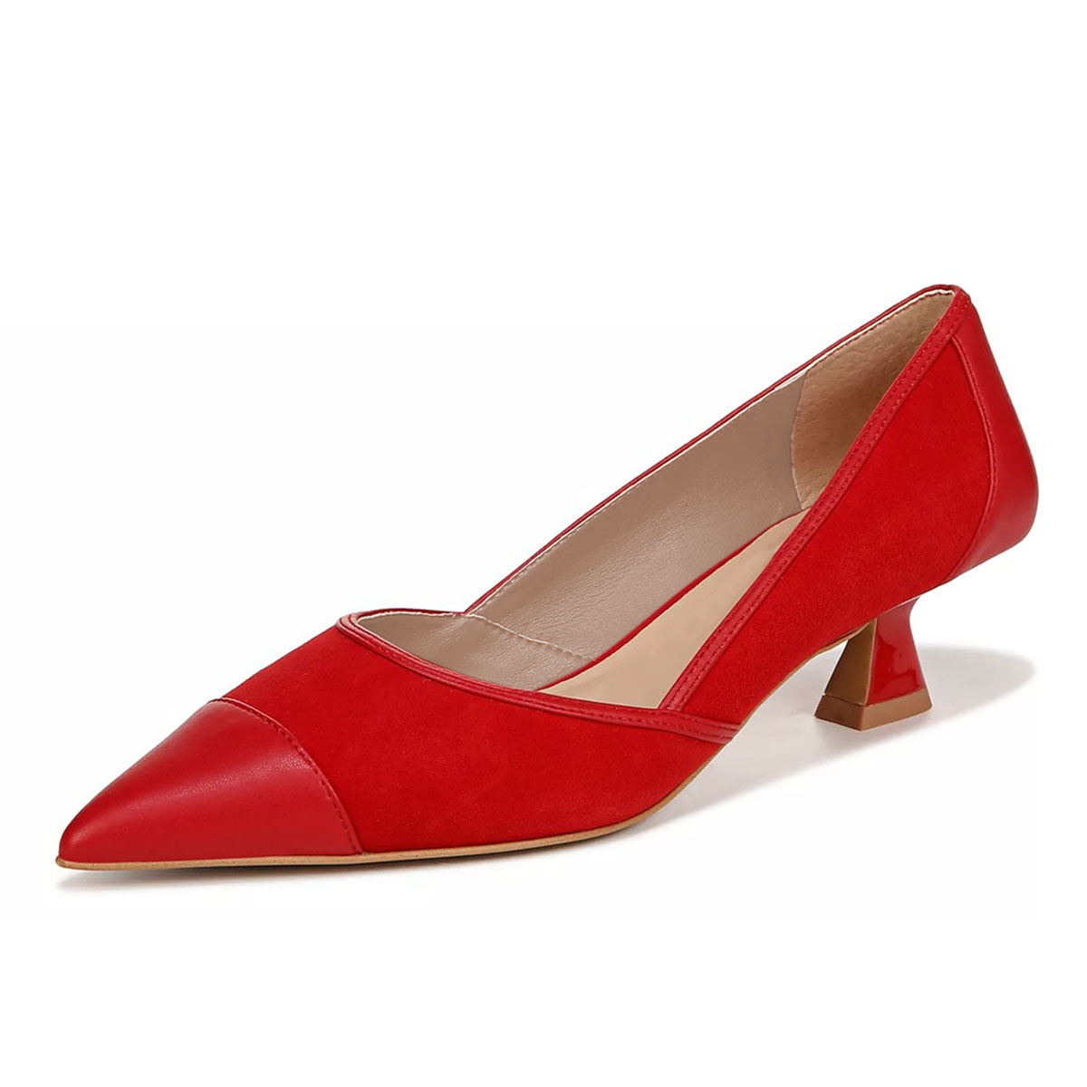 Women's Faux Leather Pointed Toe Spool Heel Patchwork Red Pumps Nicepairs