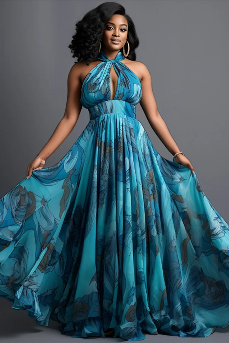Xpluswear Design Plus Size Vacation Blue Graphic Halter Collar Sundress Cut Out Chiffon Maxi Dresses [Pre-Order] 2024 - Xpluswear