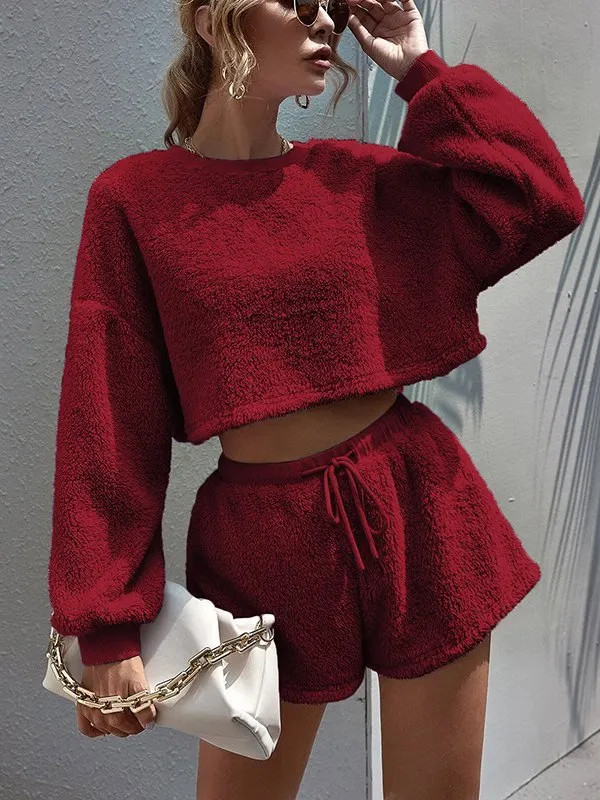Solid Plush Top With Shorts Set