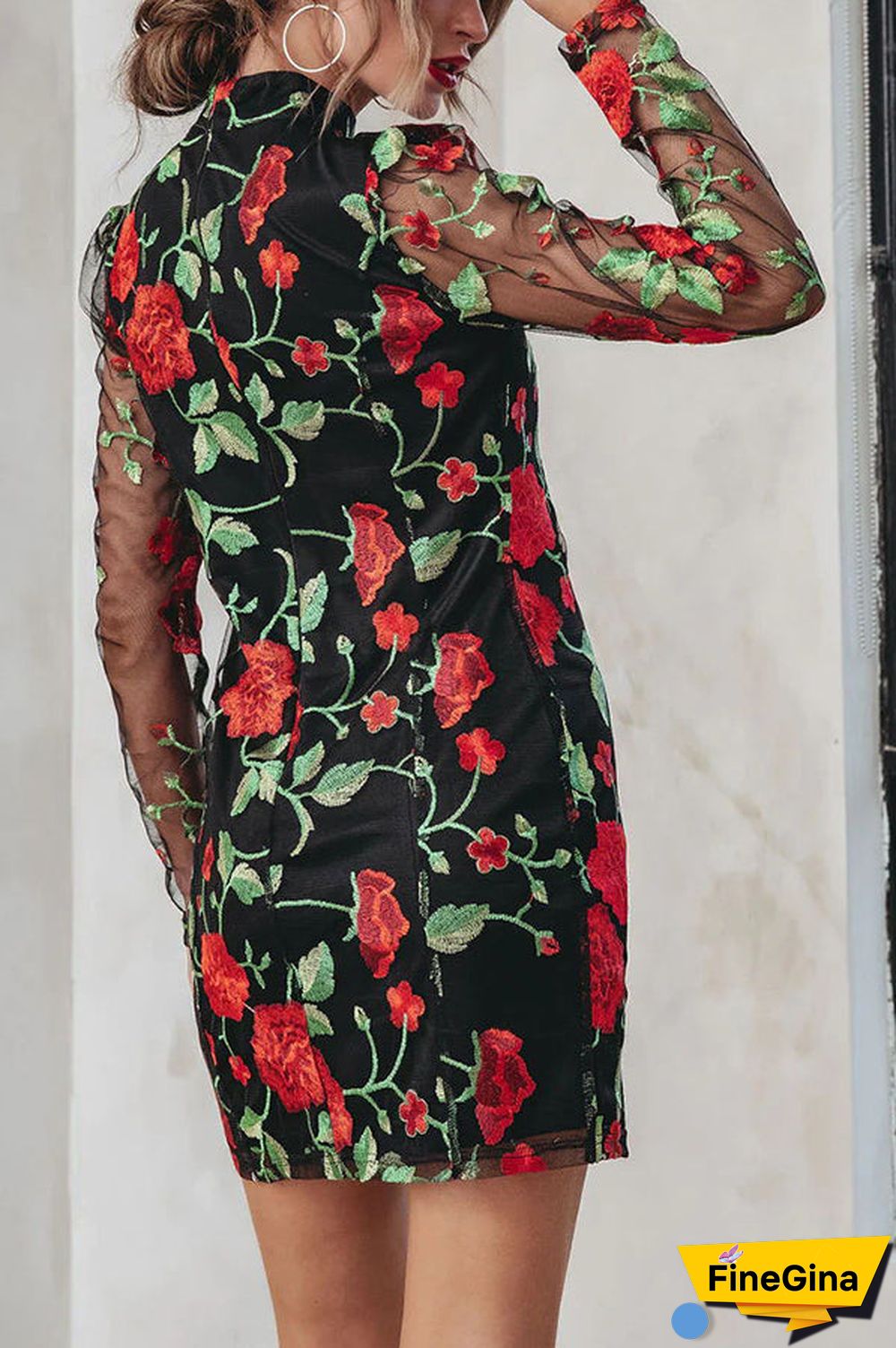 Embroidered Floral Mesh Mini Dress