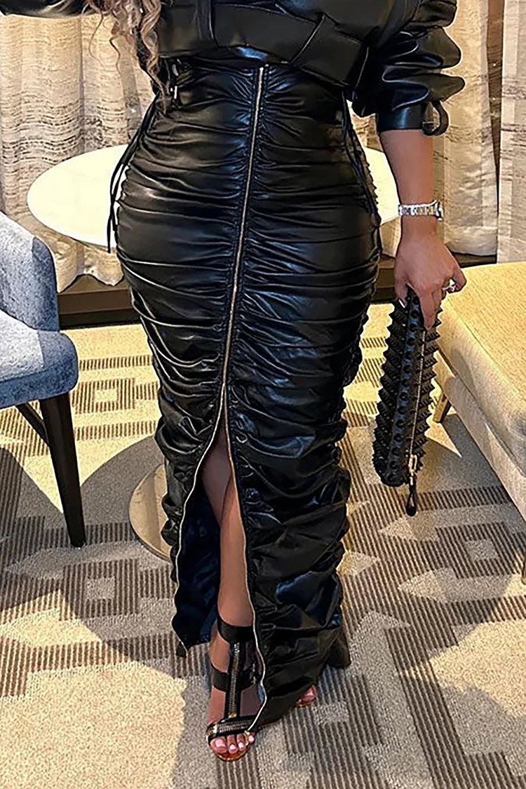 Plus Size Party Skirts Elegant Black Fall Winter Fold PU Leather Skirts [Pre-Order]