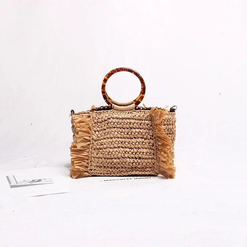 Summer Straw Bags Tassels Amber Circle Acrylic Handle Shoulder Clutch Beach Raffia Rattan Woven Handbags for Woman 2021 Designer