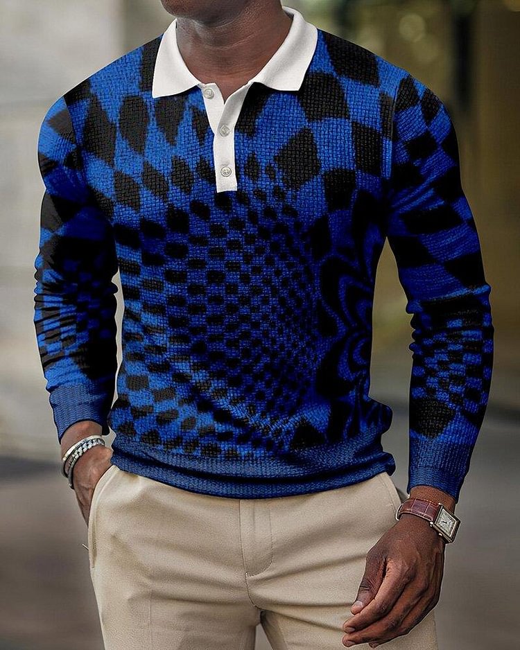 Men's Casual Diamond Print Blue Long Sleeve Polo Shirt
