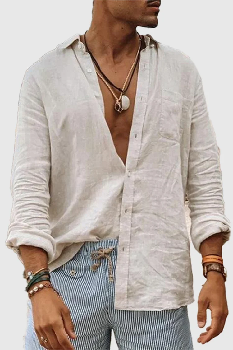 Tiboyz Casual Button Down Linen Long Sleeve Shirt