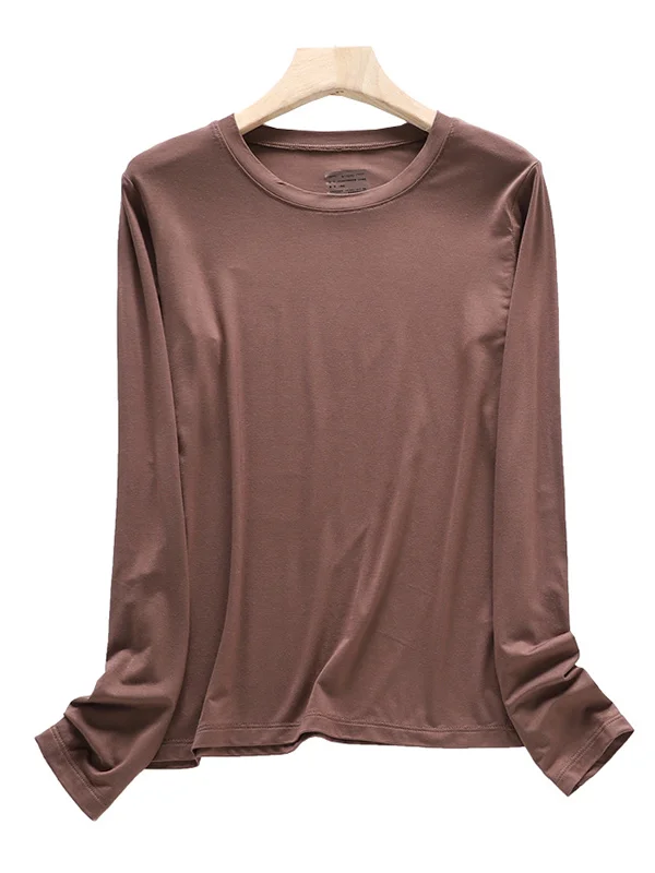 Comfortable Modal Pure Color Long Sleeve Round-Neck T-Shirt Tops