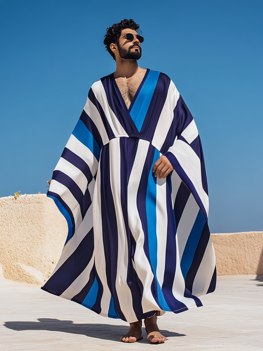 Men's Light Blue Striped Polyester V-Neck Robe