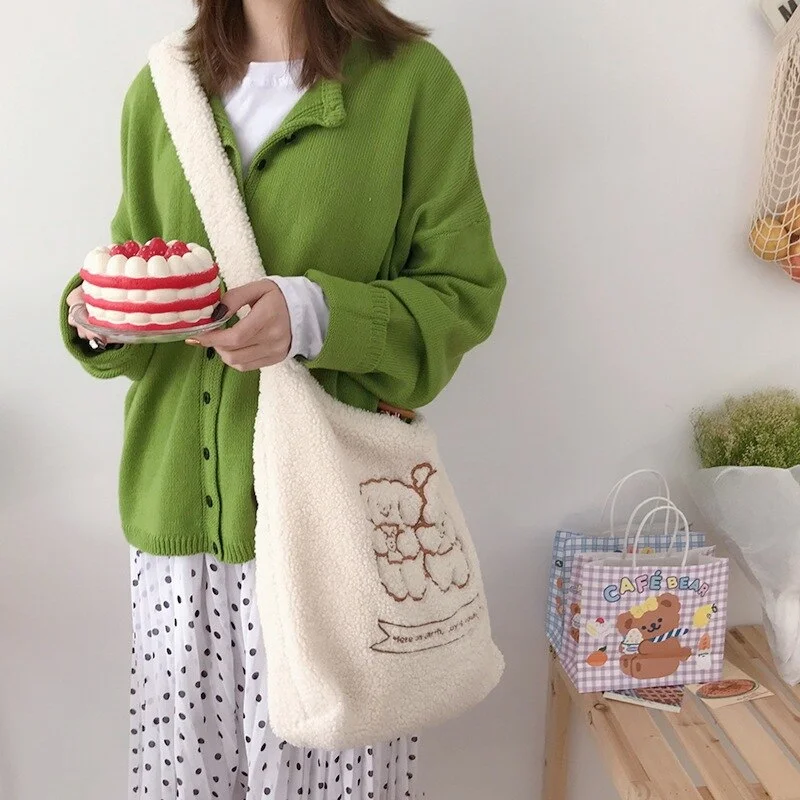 Woherb 2022 Women's Kawaii Lamb Fabric Shoulder Bag Handbag Tote Large Capacity Embroidery Shopper Bags Cute Bag for Girls New Design