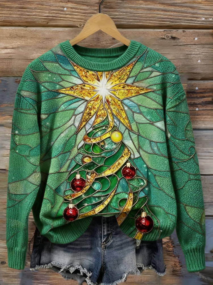 Christmas Stained Glass Tree Art Cozy Knit Sweater elevenforest