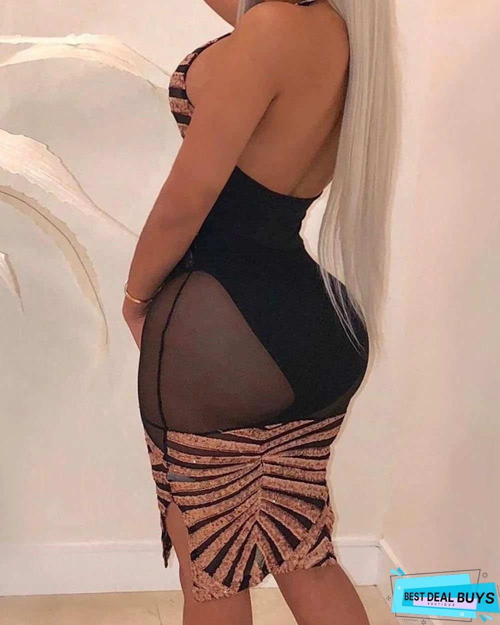 Sheer Mesh Backless Sequin Bodycon Dress