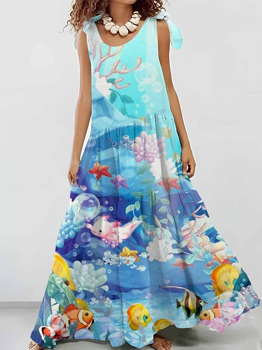 Women's Resort Style Underwater World Art Pattern Shoulder Strap Dress