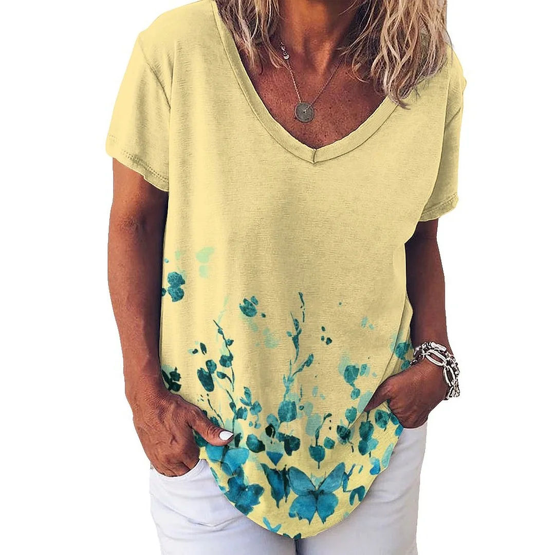 V-neck Short Sleeve Casual T-shirt for  Women Printed with Pattern Blue, Yellow, Floral