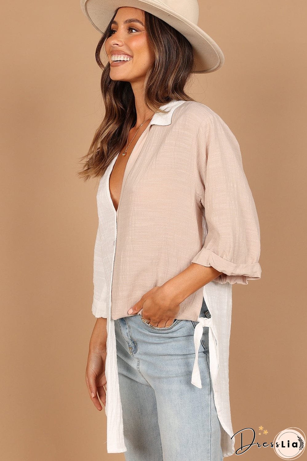 Three-Quarter Sleeve Linen Cotton Blend Top