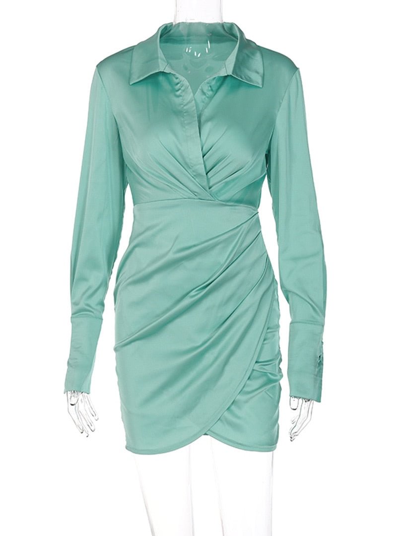 Dulzura Solid Satin Women Long Sleeve V Neck Ruched Wrap Mini Dress Bodycon Sexy Party Elegant 2021 Autumn Winter Clothes