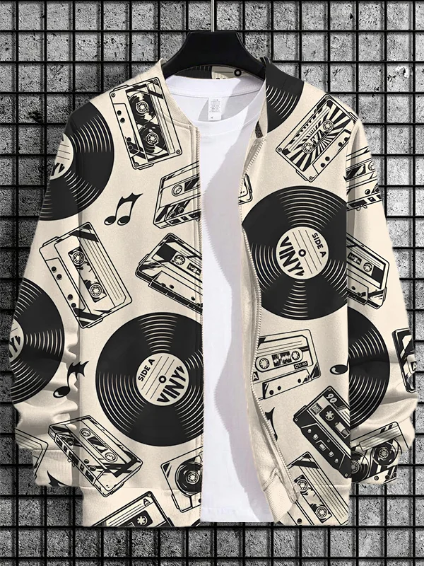 Men's Retro Record Cassette Tape Art Print Casual Zip Up Jacket
