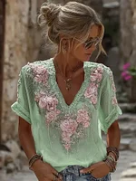 Women's Vintage Resort Embroidered Floral V-neck T-shirt - Image 3
