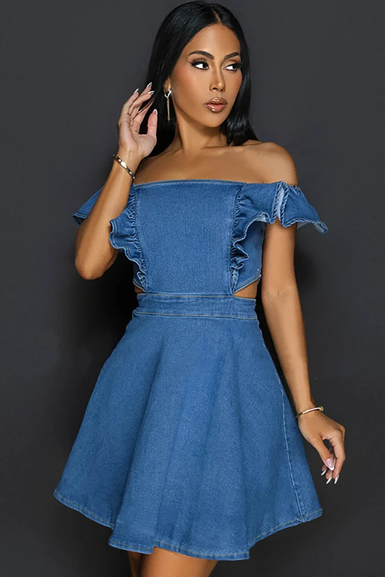 Sleeveless Ruffled Cutout Denim A-Line Casual Mini Dresses-Blue