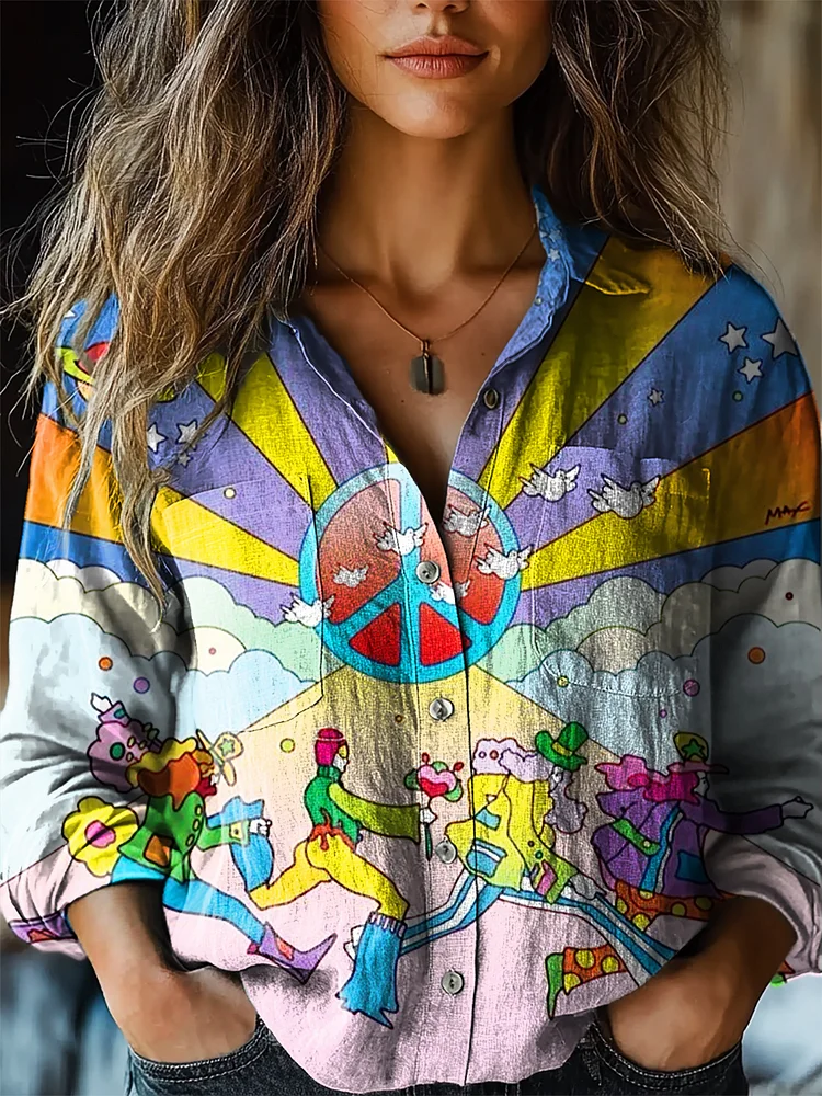 Women's Hippie Art Print Casual Long Sleeve Comfortable Cotton Shirt