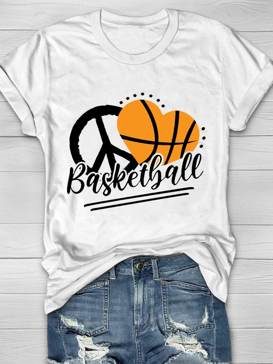 Peace Love Basketball Print Short Sleeve T-Shirt