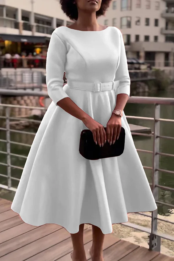 Elegant A-Line Solid Color 3/4 Length Sleeve Belt Midi Dress