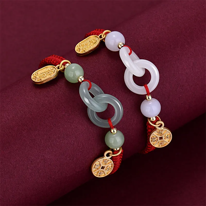 Cyan Jade White Jade Copper Coin Fu Character Double Peace Buckle Bracelet