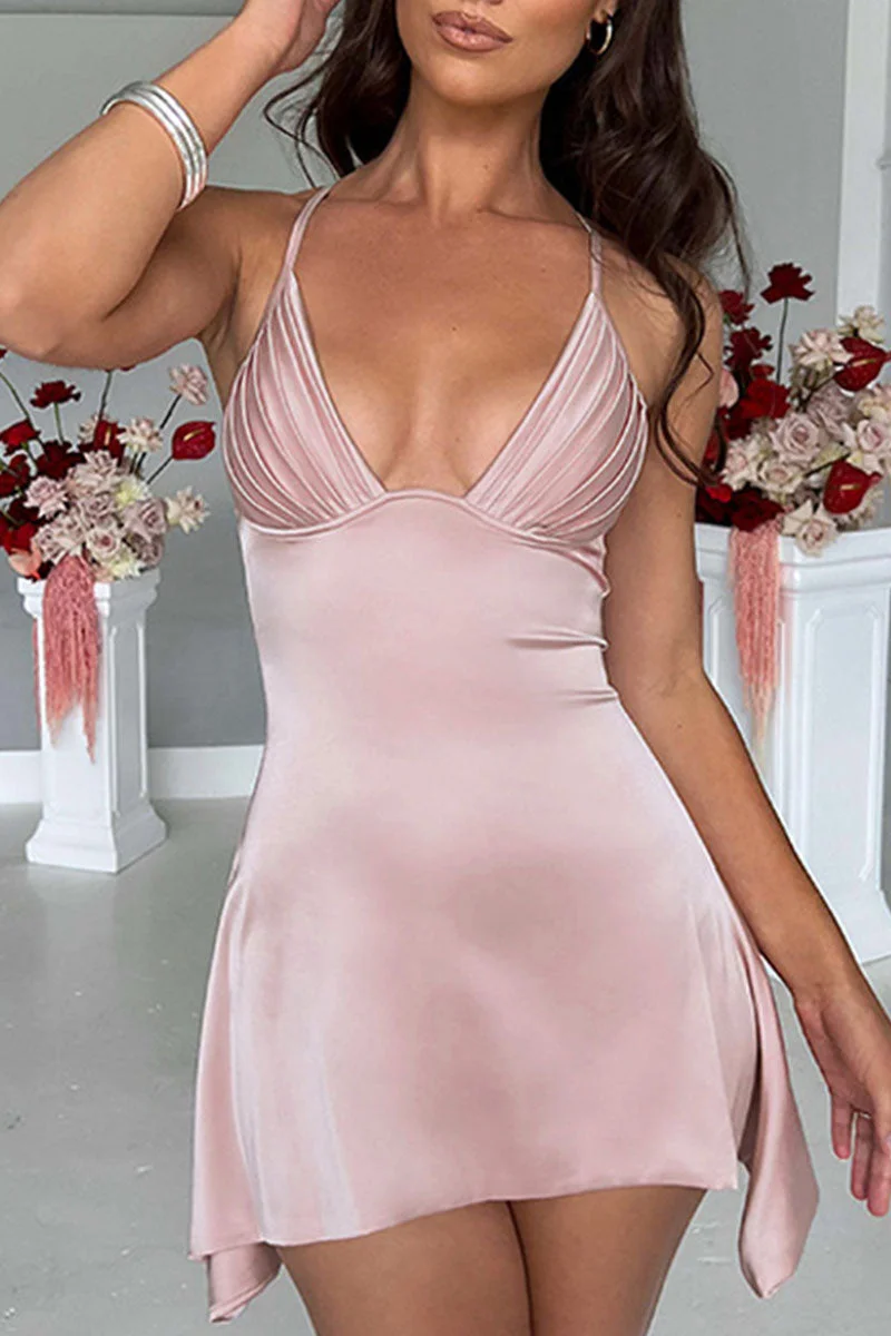 Sexy Solid Patchwork Asymmetrical Halter Evening Dress Dresses
