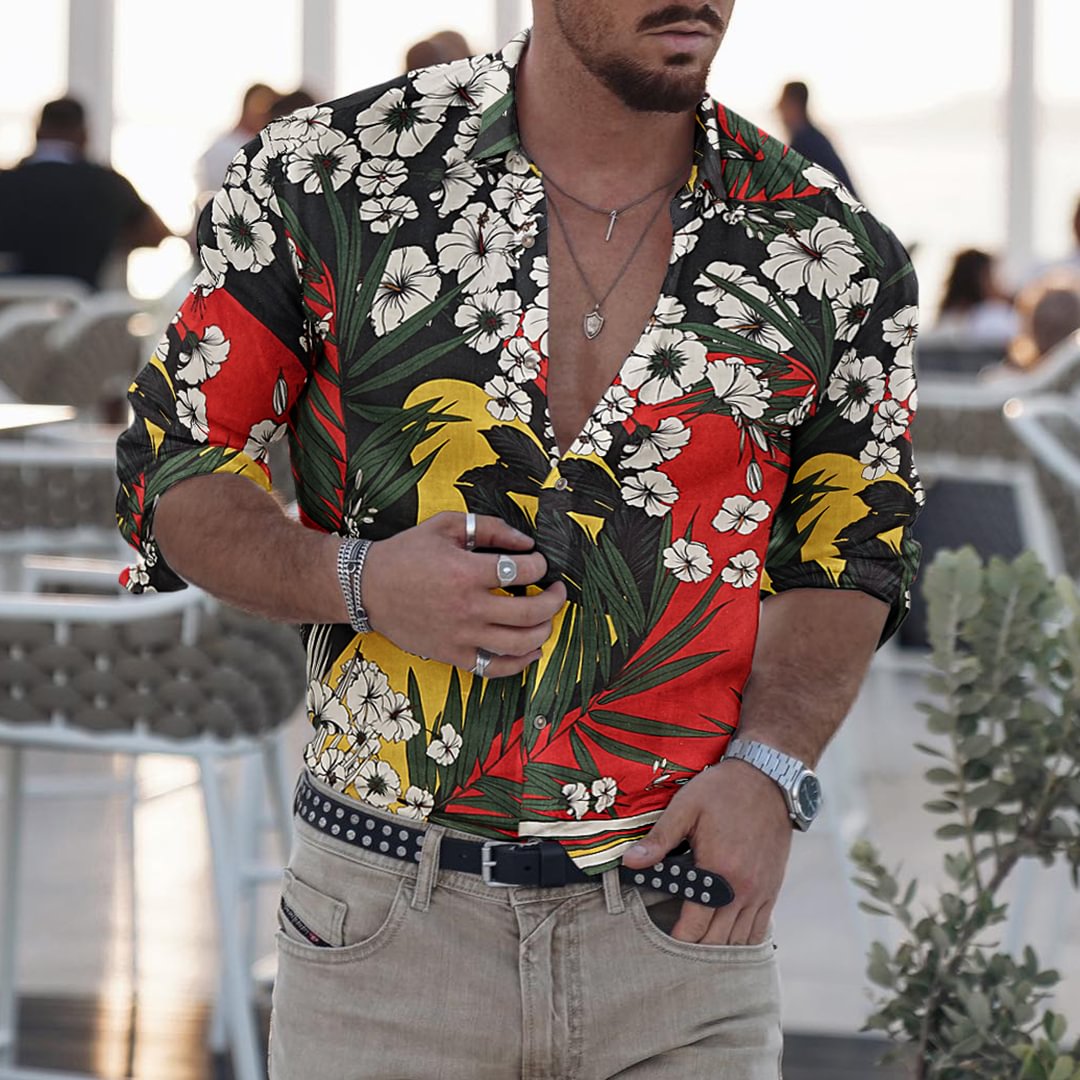 Men's Tropical Print Shirt Holiday Seaside Beach Casual Breathable Long Sleeve Cardigan、、URBENIE