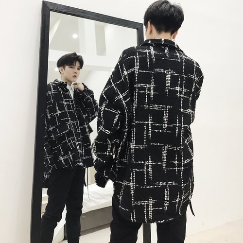 Dawfashion-Dark Black OVERSIZE Check Shirt Knit Jacket Jacket-Yamamoto Diablo Clothing