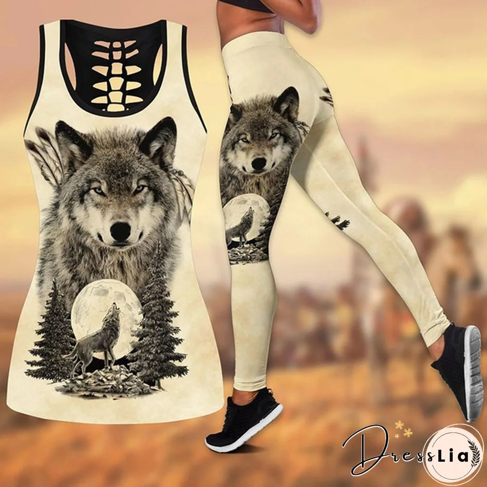 Women Wolf Native American 3D All Over Printed Legging + Hollow Tank Sleeveless Shirt Summer Vest for Women Plus Size Yoga Tank Tops Leggings Suit