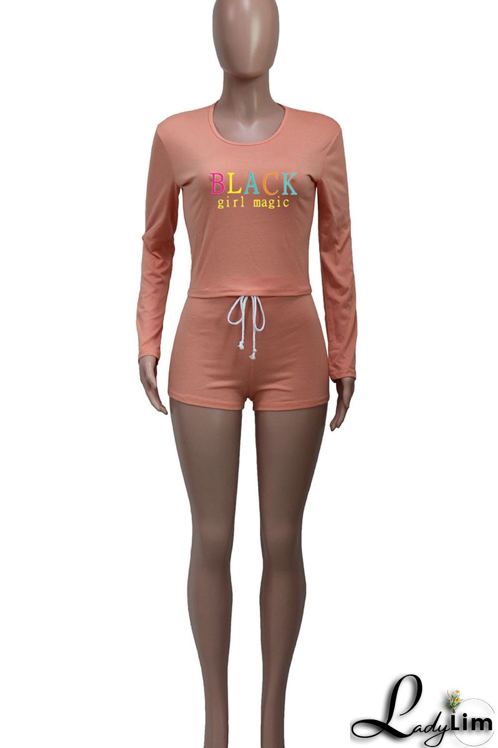 Pink Casual Print Split Joint O Neck Long Sleeve Two Pieces