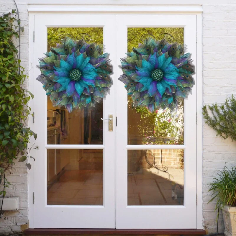 Peacock Pattern Burlap Sunflower Wreath Outdoor Summer Wreaths For Front Door