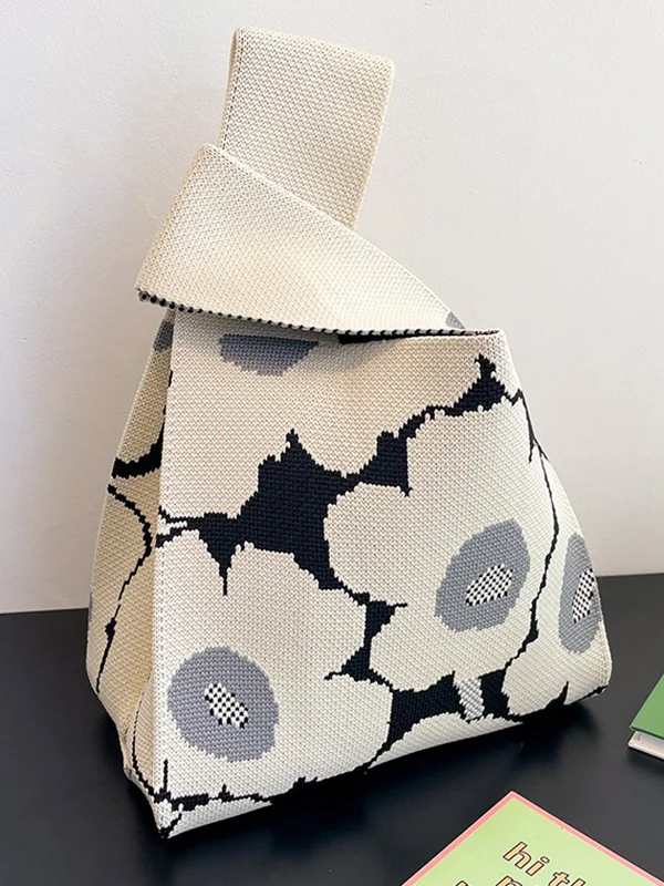 Woven Floral Printed Contrast Color Woven Handbag