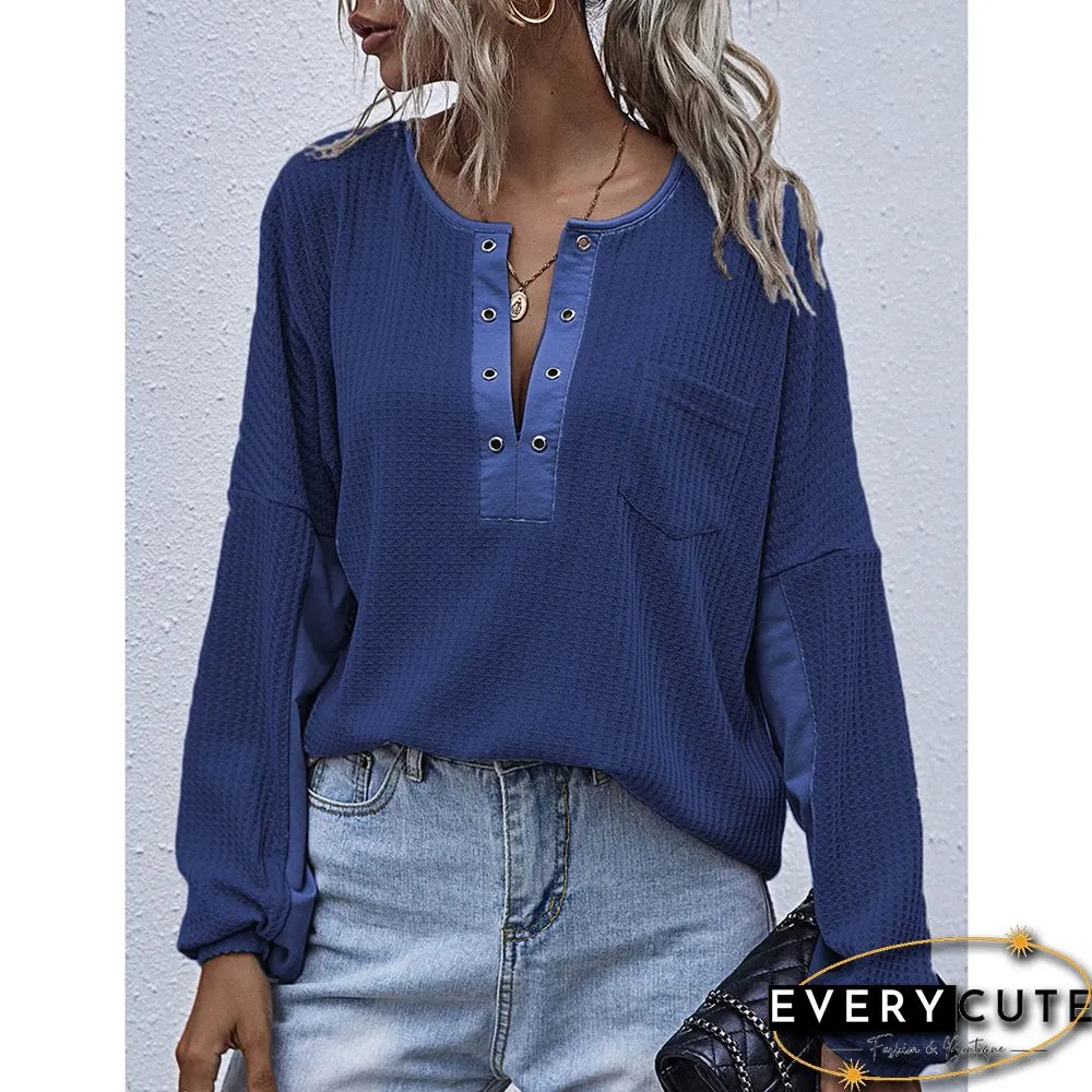 Navy Blue Waffle V Neckline Pocket Long Sleeve Tops