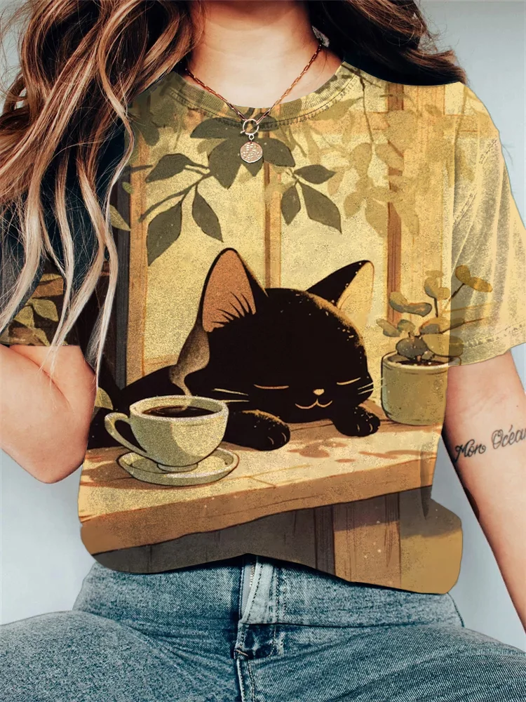 Women's The Cat Drinks Coffee In The Sun Print Casual T-Shirt