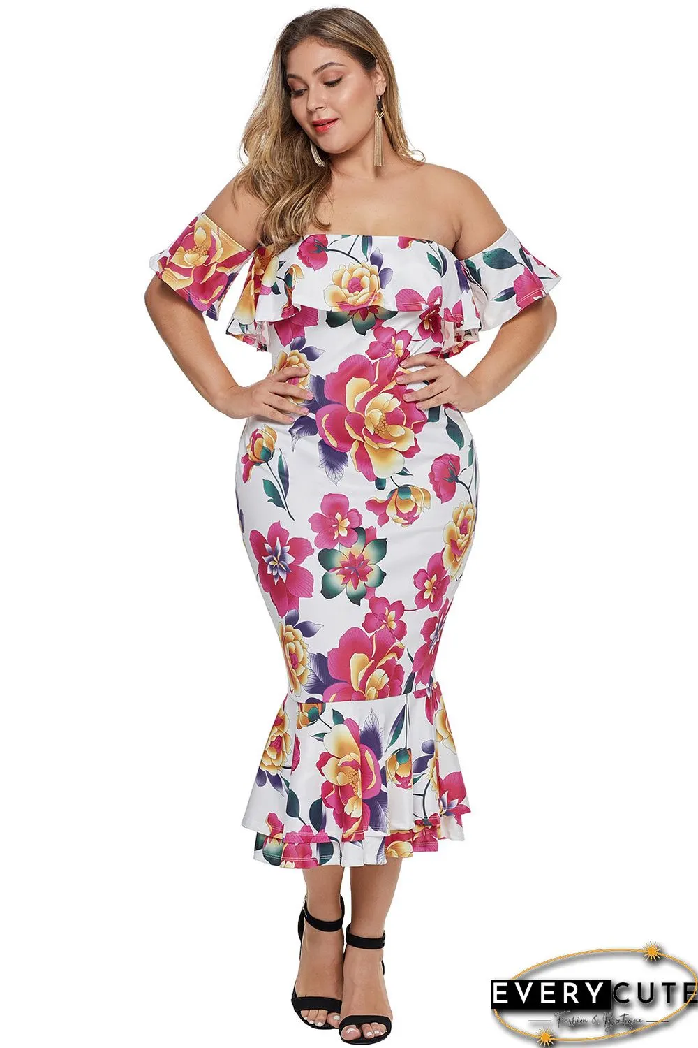 White Off-the-shoulder Floral Mermaid Plus Size Dress