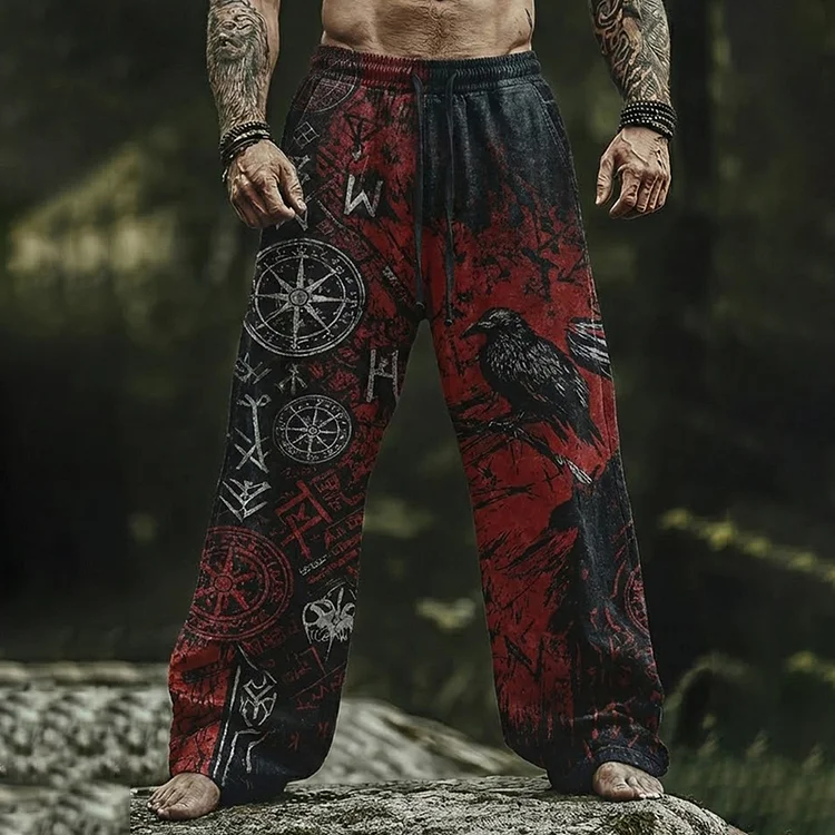 Men's Retro Viking Raven Art Print Casual Pants
