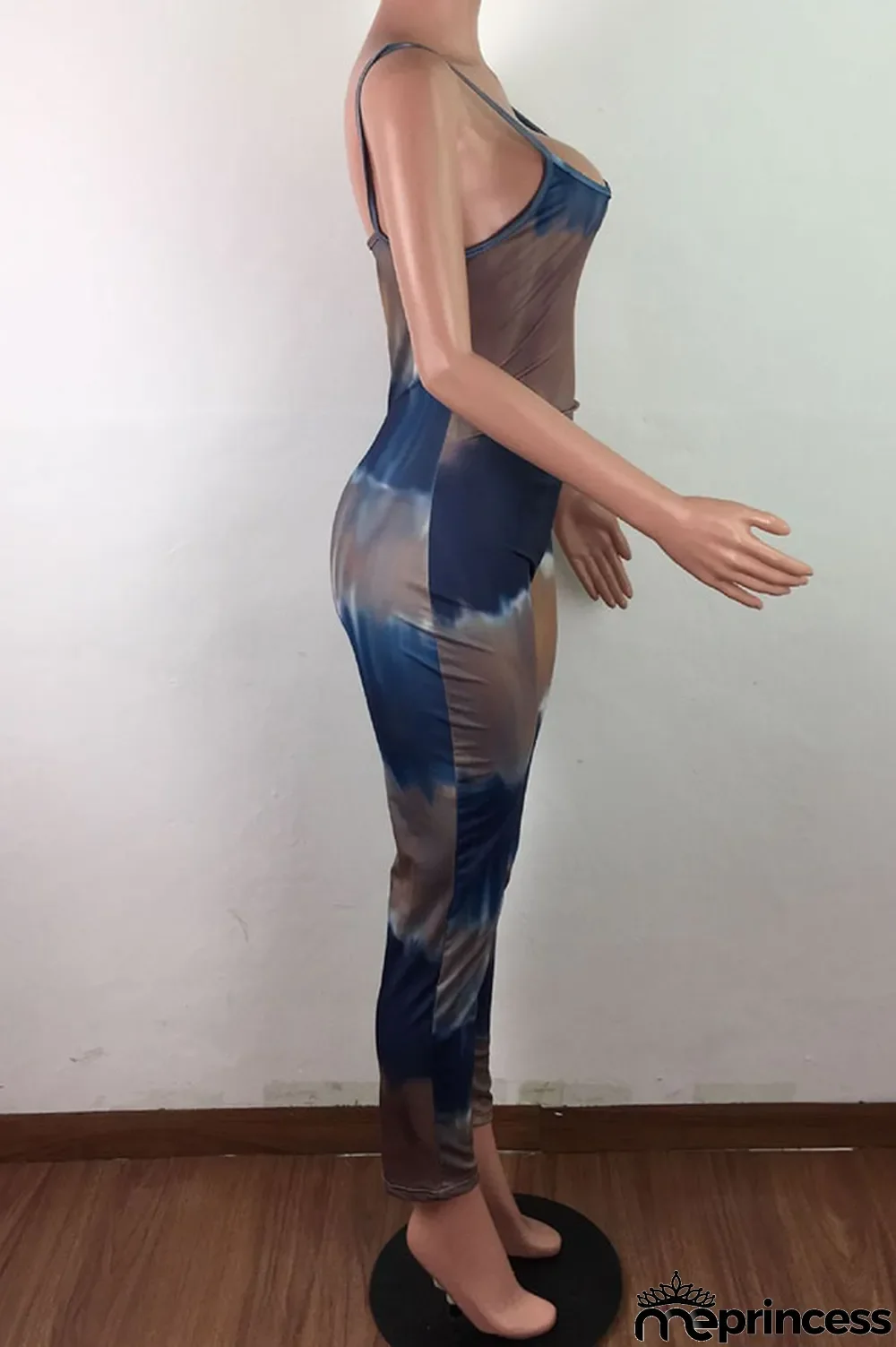 Blue Fashion Sexy Tie-dyed Sleeveless Slip Jumpsuits
