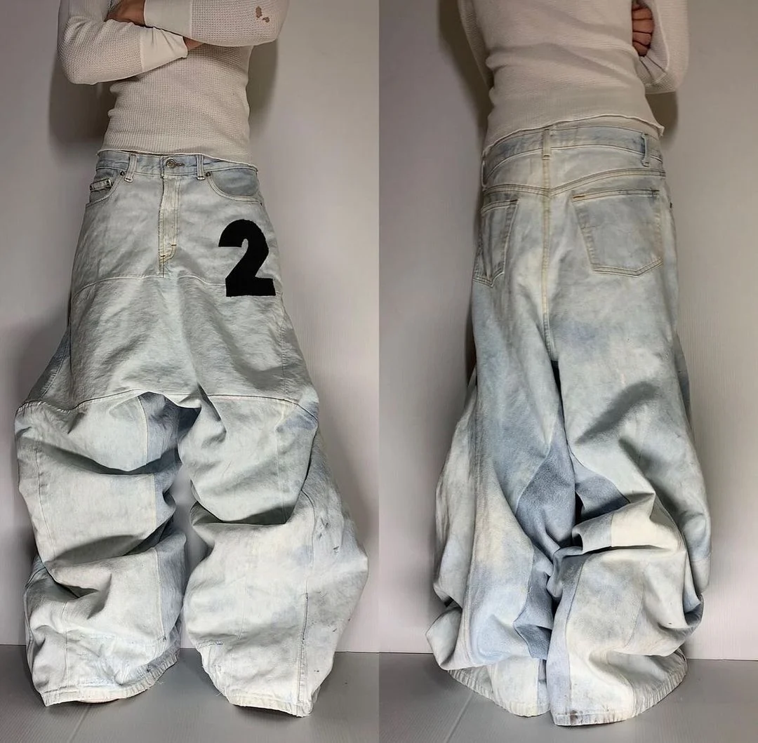 Aonga American Harajuku Y2K Splicing Light Blue Denim Drag Pants Men's Fall Loose New Street Trend Hip-hop Rap Low-rise Women's Jeans aonga
