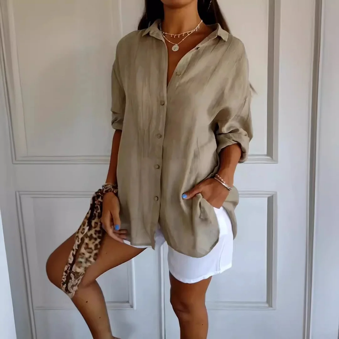 Nigikala Nigikala New Single-Dran Buckle Folding Collar Shirt Burst Lady Solid Color Can Sleeve Top