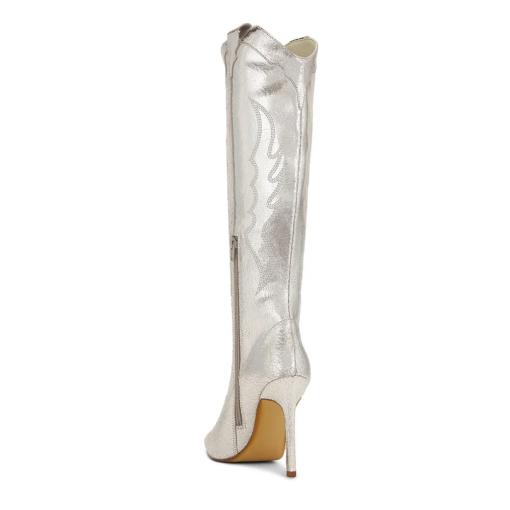 Silver Cracked Metallic Finish Stiletto Heel Embroidered Cowgirl Boots