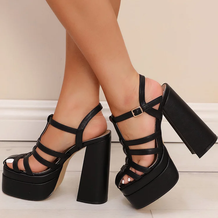 Black Leather Opened Toe T Strappy Buckled Double Platform Sandals With Chunky Heels |FSJ Shoes