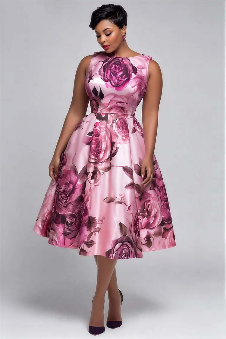 Xpluswear Design Plus Size Wedding Guest Elegant Pink Round Neck Pocket Satin Midi Dresses [Pre-Order] 2024 - Xpluswear