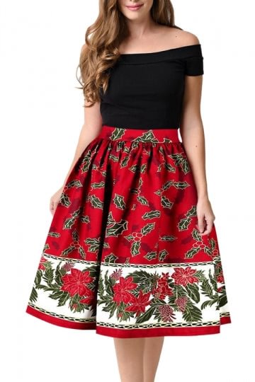 Womens Floral Print Christmas Skirt Dark Red-elleschic