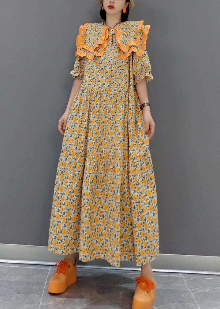 Orange Print Loose Long A Line Dress Spring