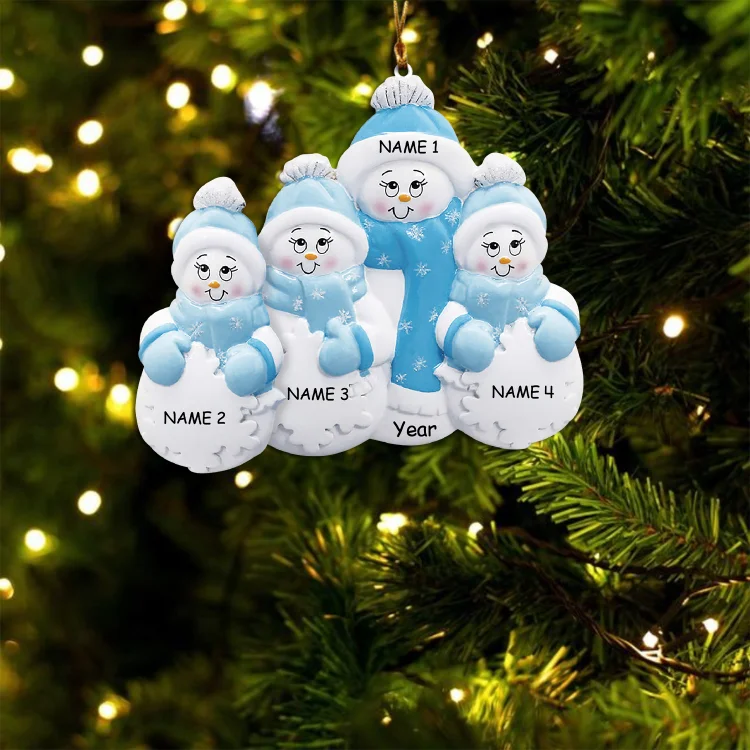 Holz Weihnachtsornament-Personalisierte 4 Namen Jahr Weinhachten Blauer Schneemann Ornament