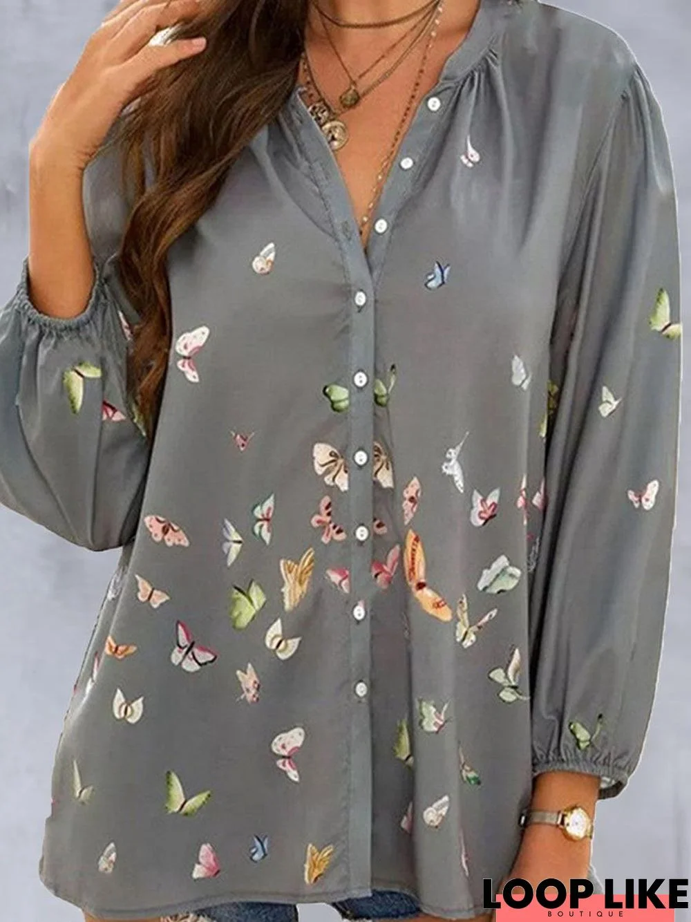 Butterfly Print Casual Long Sleeve Blouse